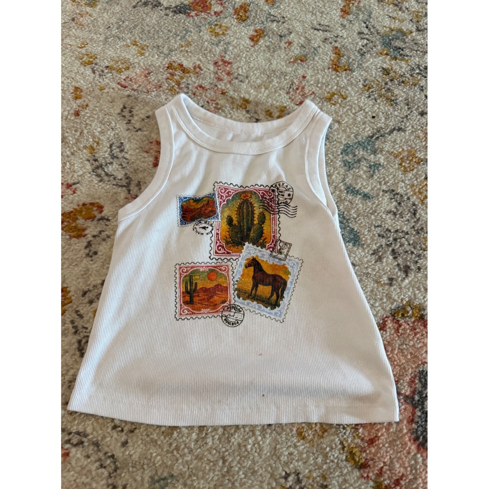 Weekend Academy Kids White Ribbed Western Postage Stamp Graphic Tank Top L 10-12